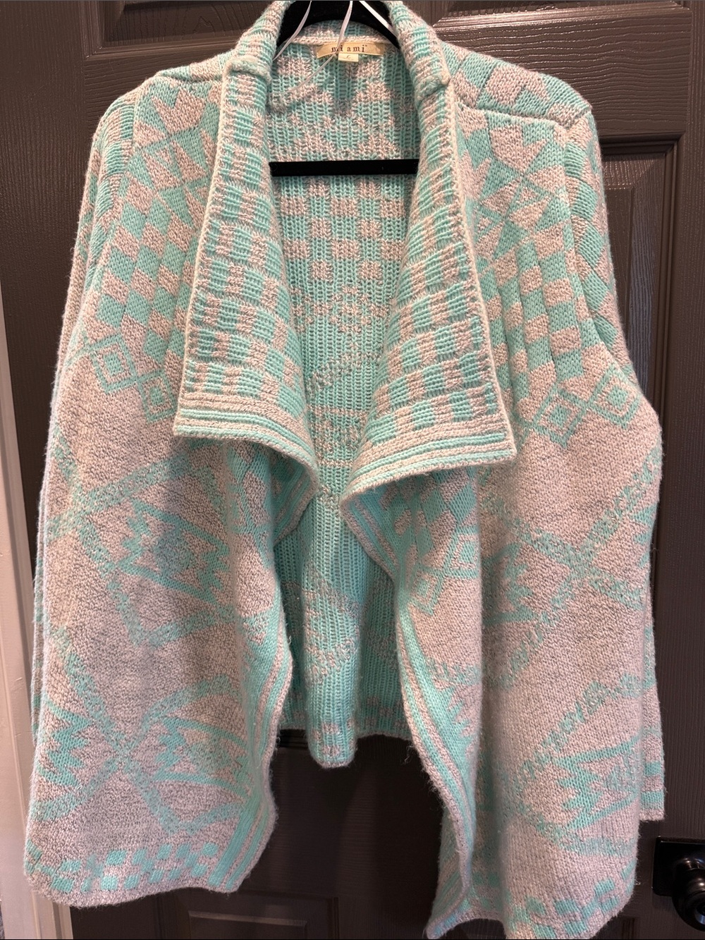 miami Open-Front Geometric Cardigan Sweater in Mint & Cream
